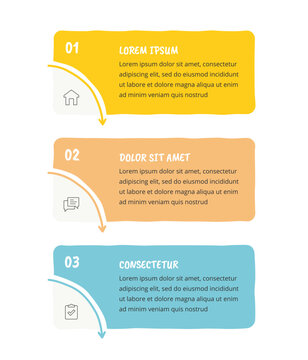Three step infographic template with vertically stacked panels connected by curved arrows. 3 steps process chart or flow diagram for business plans. Vector template