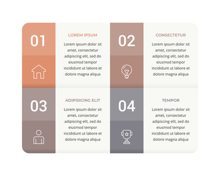 Four option infographic template with a grid of four rectangular panels. 4 options chart or diagram for business process steps and workflow. Vector template