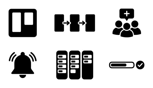 Trello board icons set with task list, workflow, team, bell and progress bar for project management