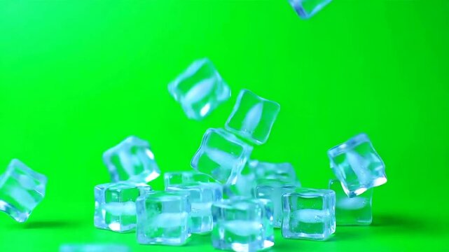 Ice cubes dropping and tumbling in slow motion on green screen