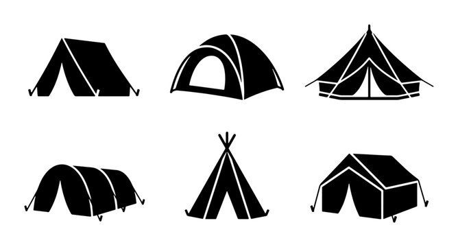 Tent icons set with A-frame, dome, tunnel, and teepee shelters for camping and travel