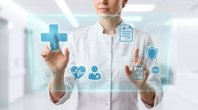 Medical Professional Interacting with Holographic Interface, Managing Patient Data and Digital Healthcare Solutions