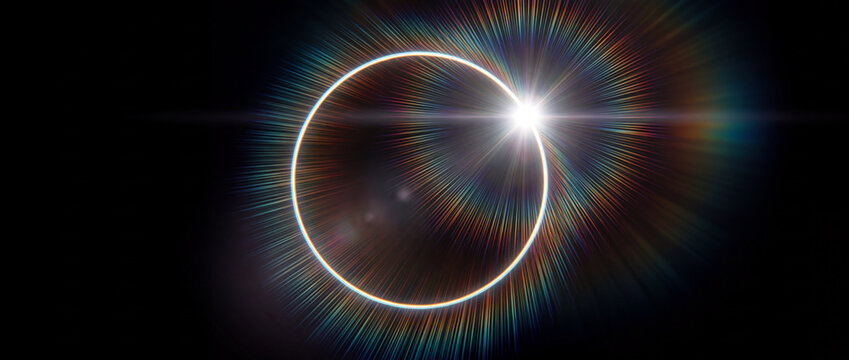 Solar eclipse diamond ring optical flare with rainbow diffraction rays, glowing corona circle, and cosmic anamorphic streak on pure black background for sci-fi astronomy wallpapers