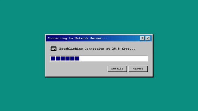 Retro computer interface showing connection progress on teal background