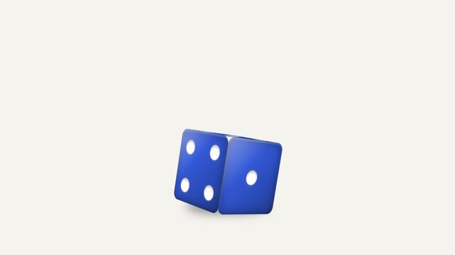 Premium 3D blue dice falling from above, rotating dynamically around multiple axes, landing with realistic physical impact, bouncing, and settling seamlessly in an 8-second loop.