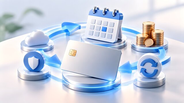 3D rendering of a recurring payment ecosystem with a credit card