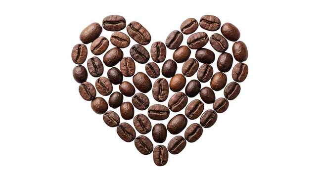Heart shape formed by roasted coffee beans isolated on transparent background