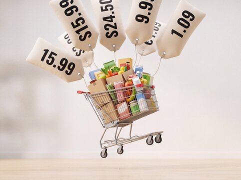 a full of products shopping cart lifting upward like a hot air balloon because of oversized price tags, symbolizing inflation and the cost of living crisis