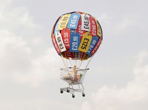 a full of products shopping cart lifting upward like a hot air balloon because of oversized price tags, symbolizing inflation and the cost of living crisis