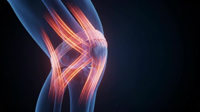 Medical 3D animation showing a close-up X-ray view of a human knee joint with bones and ligaments on a dark blue background.