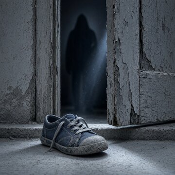 Child Shoe Near Open Door with Dark Hooded Shadow Figure