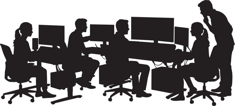 Business Office Team Silhouette, Software Developers Working at Computers Vector, IT Tech Support Desk Workers, Corporate Workplace Staff