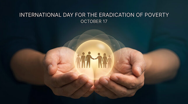 Hands holding glowing sphere with human figures representing poverty eradication