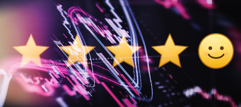 Excellent financial service rating concept. Gold stars and happy smile emoji over abstract digital stock market trading charts.