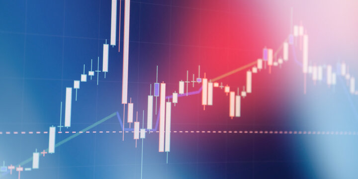 Abstract financial stock market chart with glowing candlestick graphs on digital screen.