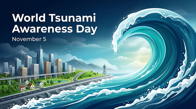 World Tsunami Awareness Day poster illustration featuring giant ocean wave vector