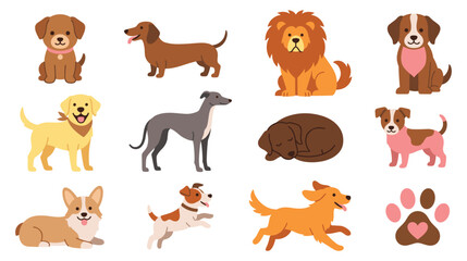 Obraz premium Various dog breeds set featuring different poses and cartoon styles for animal lover art.