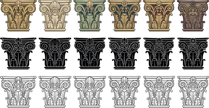 Vintage classical architectural column capitals vector set featuring ornate corinthian pillars greek acanthus leaf silhouettes and engraved line outlines