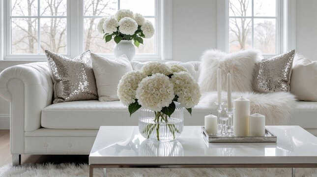 Modern white living room with bright interior design. White sofa with silver sequin pillows, furry cushions sits near large window. Large hydrangea bouquet in glass vase on coffee table. Minimalist