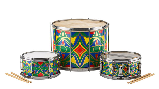 Three colorful brazilian samba drums with isolated on transparent background