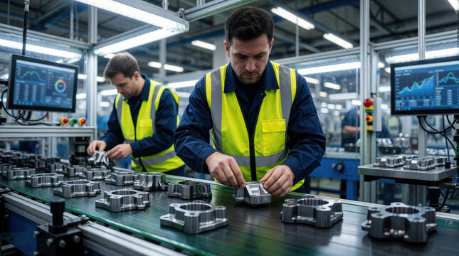 Male factory workers inspect cast metal parts on moving conveyor belt. Industrial technicians perform quality control in modern manufacturing plant. Workers monitor production line using digital