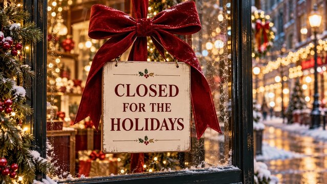 Closed for the Holidays Sign With Oversized Red Bow and Christmas Garland on Shop Door