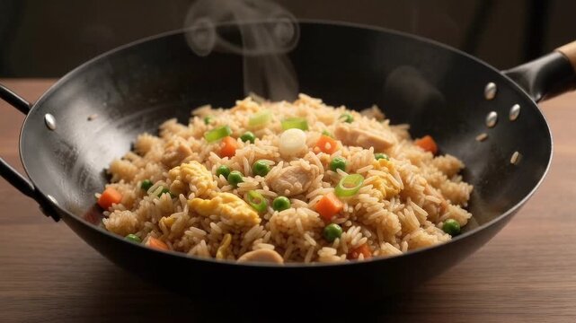 Freshly Cooked Asian Fried Rice Steaming in a Black Wok