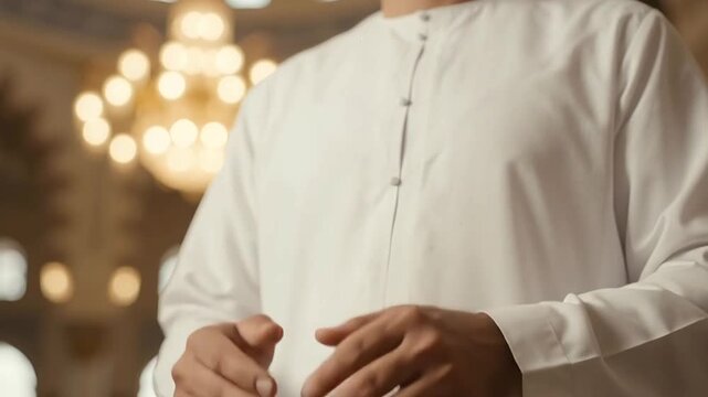 Traditional Arab man wearing white kandura robe in mosque, Middle Eastern cultural attire close up, elegant islamic fashion background light