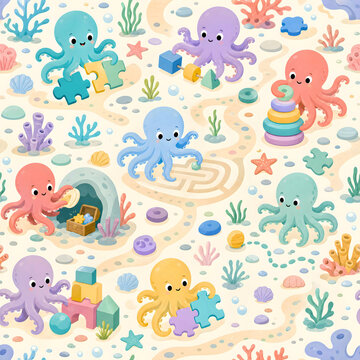 Cute sea creatures seamless pattern with octopus fish starfish and underwater elements for kids apparel nursery fabric print on demand background vector illustration