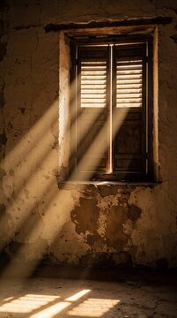 Rustic wooden shutters on old stone wall with sunlight beams. Warm evening light shines through window into abandoned room. Ancient architecture features weathered texture, aged surface. Sun rays