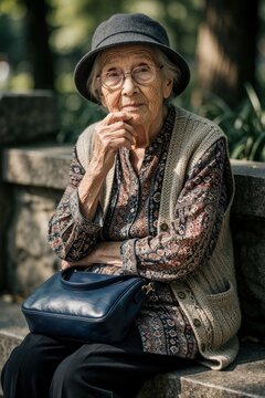 Elderly Japanese woman sits on stone bench in park. Senior lady wearing grey hat, glasses, patterned shirt holds blue purse on lap. Mature female person looks at camera with thoughtful expression