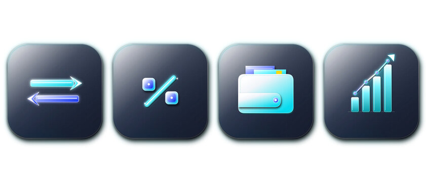 Crypto Currency Exchange Wallet and Growth Icons in 3D Glass.