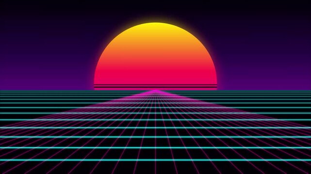 Retro 80s cyberpunk sunset with synthwave grid horizon neon aesthetic outrun vaporwave motion graphics background for music and gaming