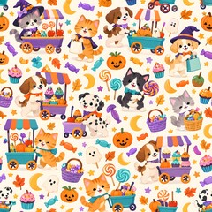 Fototapeta premium Charming Halloween Market Seamless Pattern with Cute Animals, Sweet Treats, Food Stalls, Pumpkins, and Spooky Costumes for Kids Accessories and POD Products