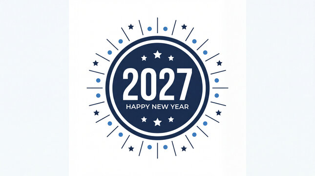 Blue and white happy new year twenty twenty seven celebration badge with stars and sunburst rays graphic illustration