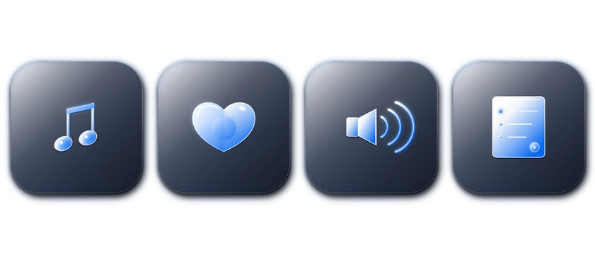 Multimedia Audio Player Music Note and Volume Icons in 3D Glass.