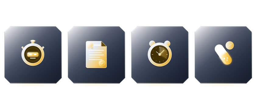 Pharmaceutical Medicine Pill Prescription Capsule Icons in 3D Glass.