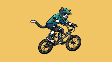 Obraz premium Cartoon cat wearing helmet riding bicycle on yellow background