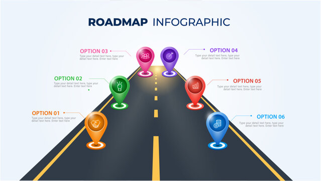 Modern 6 steps straight road perspective node infographic template for corporate presentation vector design