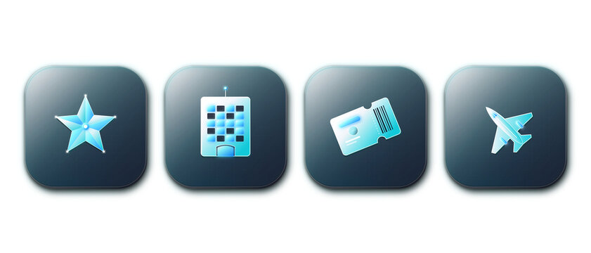 Vacation Travel Tourism Flight and Hotel Booking Icons in 3D Glass.