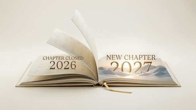 Open book concept turning page from 2026 to 2027, chapter closed to new chapter transition, new year resolution cover