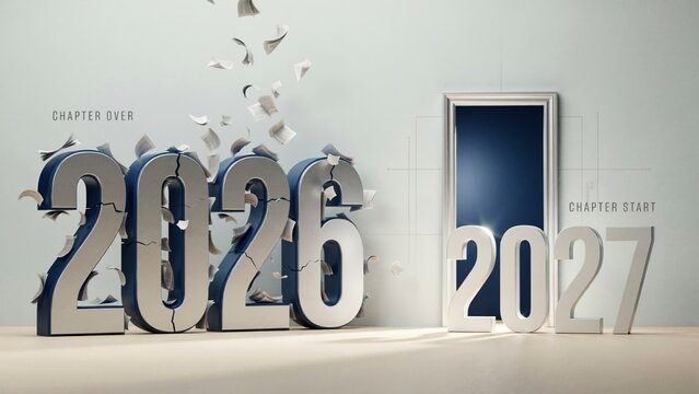 Conceptual 2026 to 2027 transition 3D numbers, crumbling 2026 year background with chapter over text, new 2027 chapter start door concept