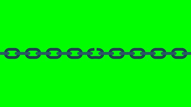 A weak link. Black broken chain. Broken or unleashed black chain like freedom icon. Concept of lost control sign or system vulnerability or security risk. 2d flat animation. Alpha channel. Video
