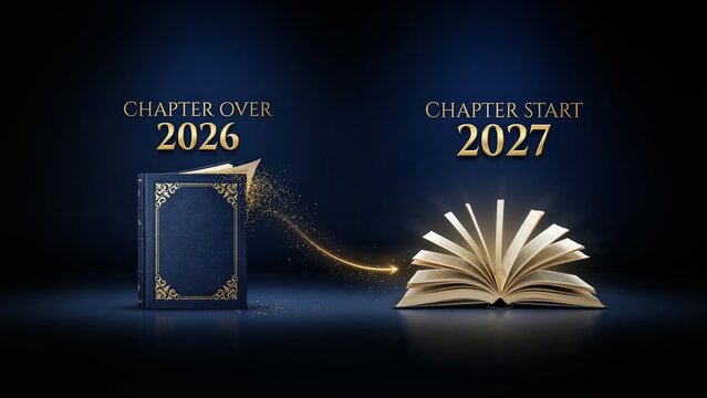 New year 2027 transition concept with ornate book, chapter over 2026 to chapter start 2027, golden sparkling light on blue background
