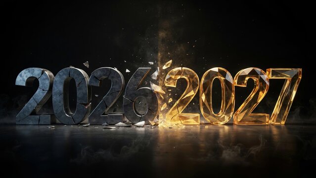Futuristic 2026 to 2027 year transition concept, glowing golden 2027 numbers emerging from cracked stone, modern new year celebration banner