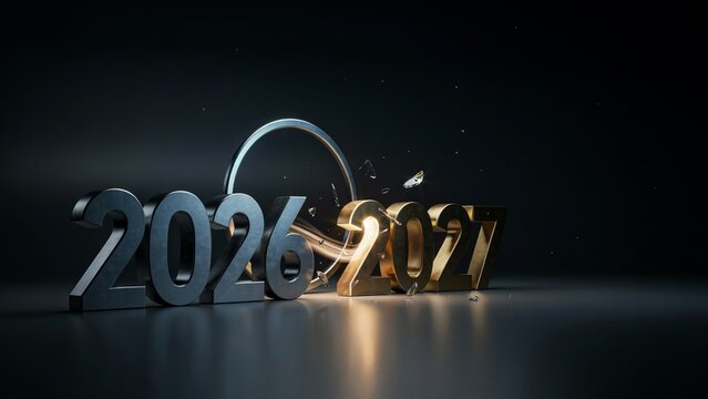 2027 New Year transition concept, metallic black 2026 changing to glowing gold 2027 numbers, dark modern corporate timeline background