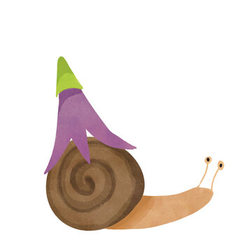 Cute whimsical snail illustration wearing a purple bellflower as a hat isolated on black background