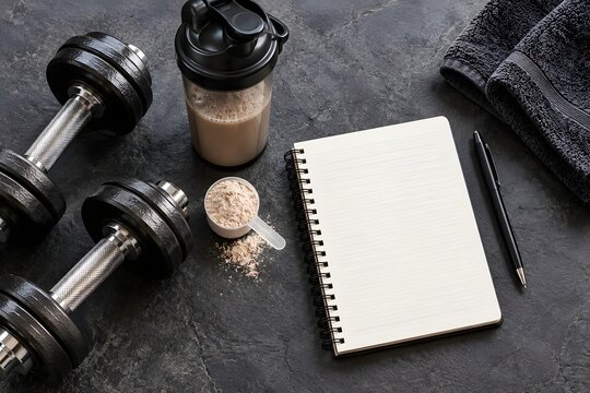 Fitness training flat lay, dumbbells protein shaker and notepad on dark concrete surface, gym diet plan concept