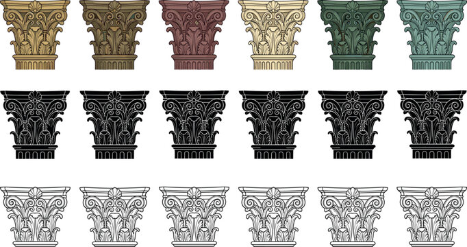 Vintage architectural vector column capitals set featuring ornate corinthian pillars classical acanthus details black silhouettes and line outlines