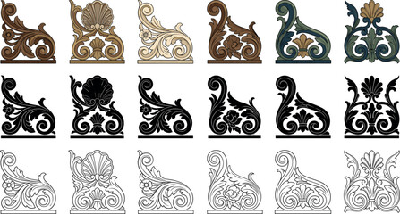 Vintage baroque architectural bracket vector elements set featuring ornate corbel scrolls acanthus leaf flourishes black silhouettes and outlines © AFSANA AKTER